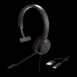 Jabra Evolve 65 TE Mono negro, vista lateral: auricular monoaural con micrófono boom y cable USB-A a USB-C
