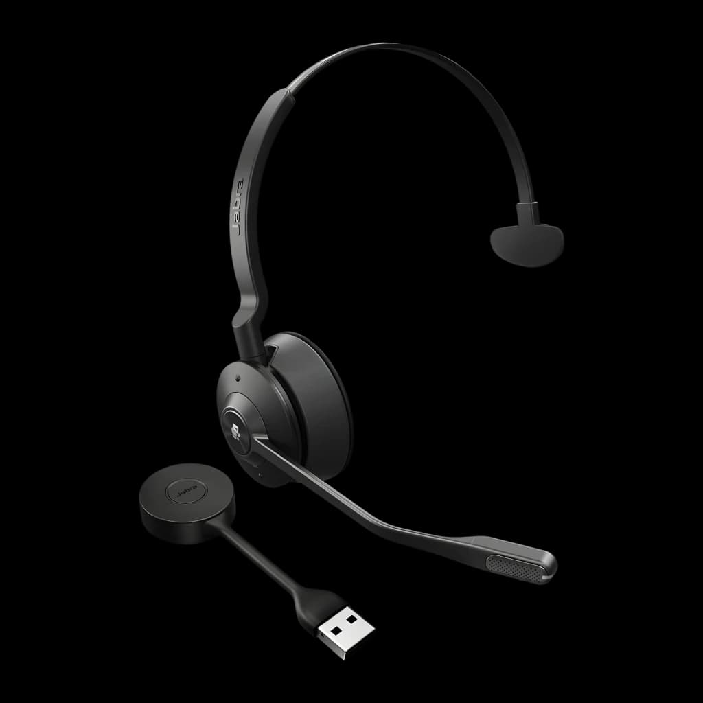 Jabra Evolve 65 TE Mono negro, vista lateral: auricular monoaural con brazo de micrófono y dongle USB incluido