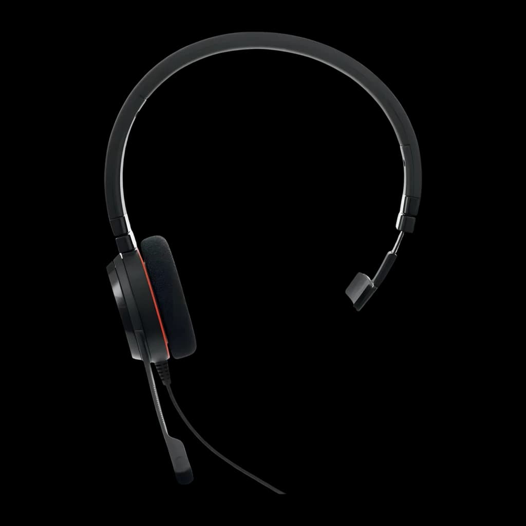 Jabra Evolve 65 TE Mono Negro, vista lateral: auricular monoaural con micrófono flexible y detalle rojo en cápsula