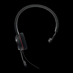 Jabra Evolve 65 TE Mono Negro, vista lateral: auricular monoaural con micrófono flexible y detalle rojo en cápsula