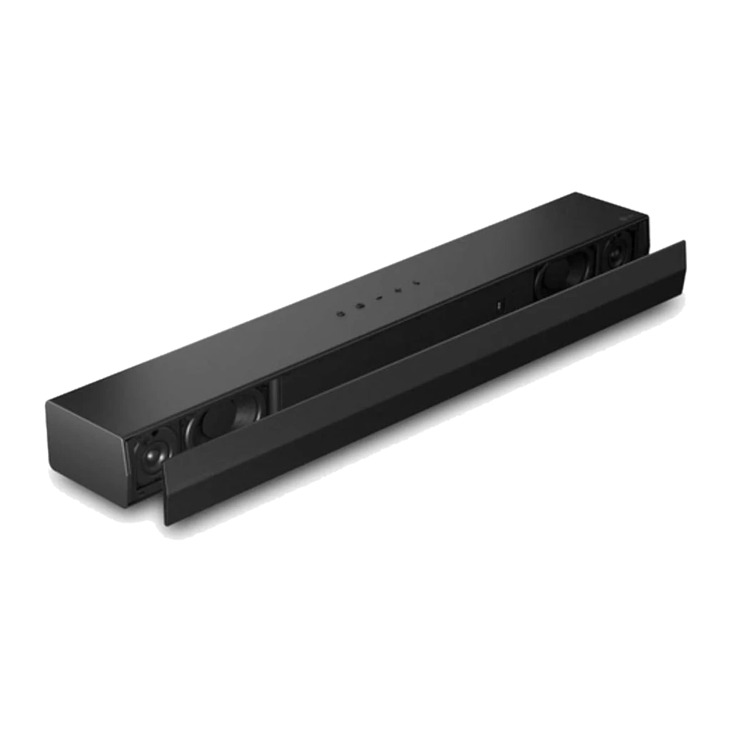 LG Barra de som S20A 2.0 Preto, vista diagonal frontal: painel superior com botões e grade de tecido preto - Item2