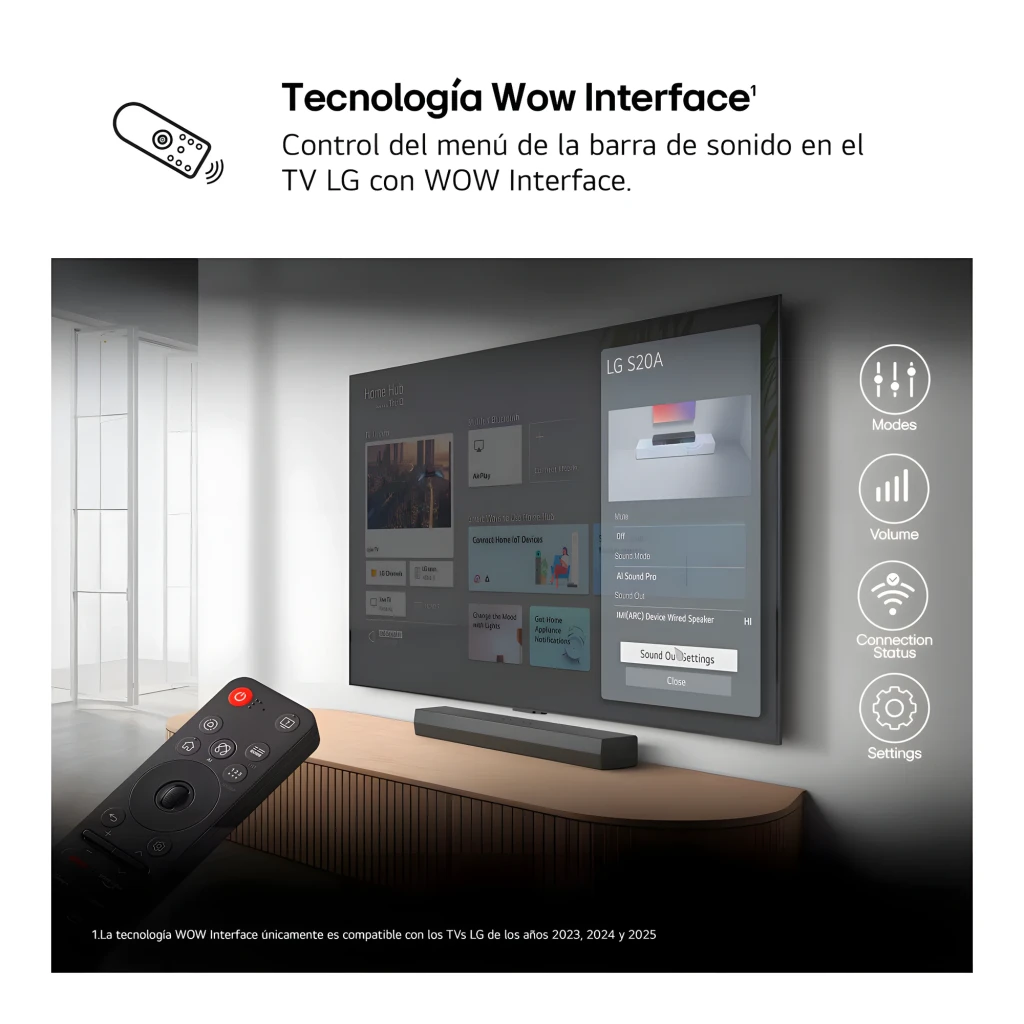 LG Barra de som S20A 2.0 Preto, vista diagonal frontal: painel superior com botões e grade de tecido preto - Item6