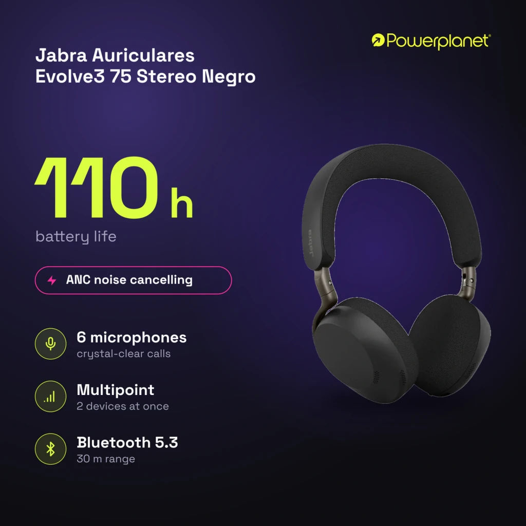 Jabra Evolve3 75 Stereo negro, vista lateral: auriculares sobre base de carga, luz LED verde visible en auricular y base - Ítem8