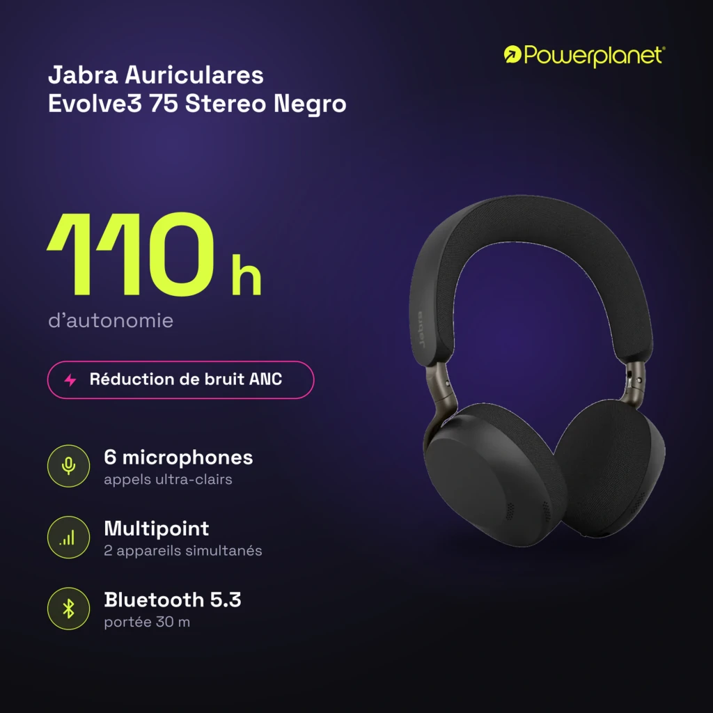Jabra Evolve3 75 Stereo negro, vista lateral: auriculares sobre base de carga, luz LED verde visible en auricular y base - Ítem7
