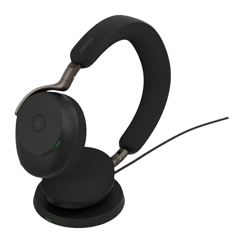 Jabra Evolve3 75 Stereo negro, vista lateral: auriculares sobre base de carga, luz LED verde visible en auricular y base - Ítem1