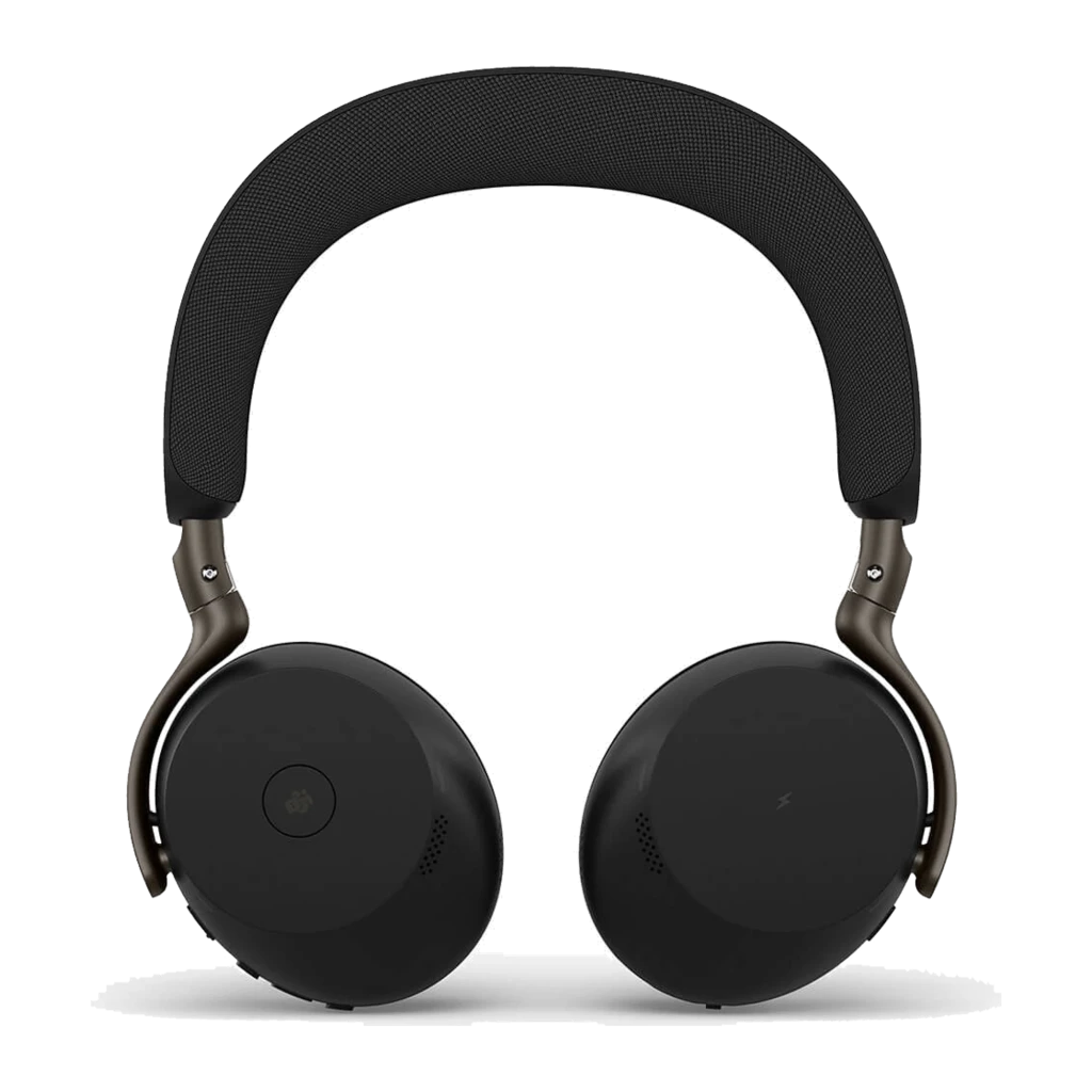 Jabra Evolve3 75 Stereo negro, vista lateral: auriculares sobre base de carga, luz LED verde visible en auricular y base - Ítem2