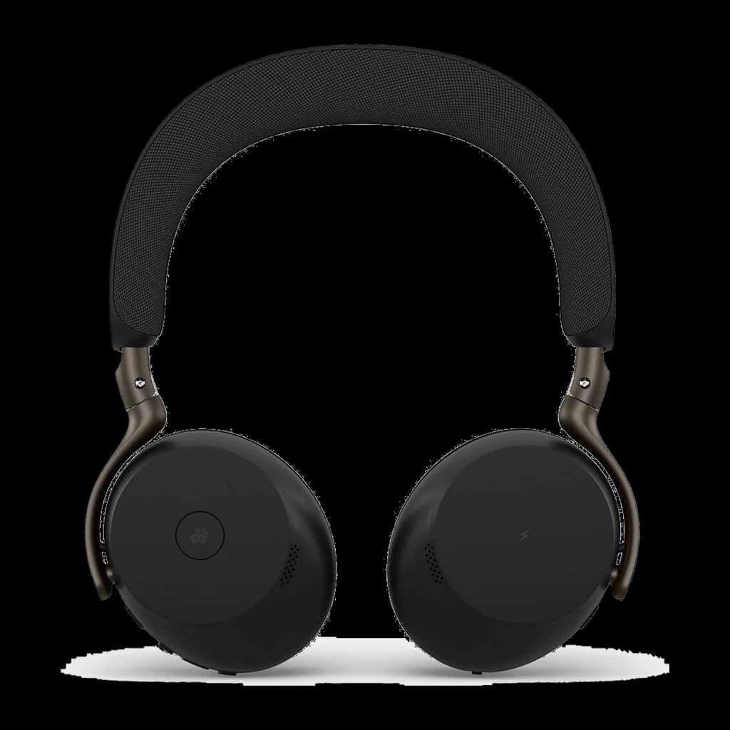 Jabra Evolve3 75 Stereo negro, vista frontal: auriculares con almohadillas redondas y diadema acolchada