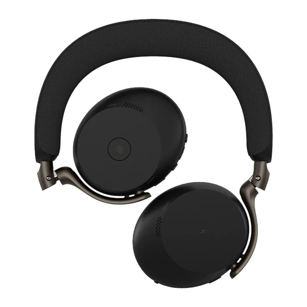 Jabra Evolve3 75 Stereo negro, vista lateral: auriculares sobre base de carga, luz LED verde visible en auricular y base - Ítem3