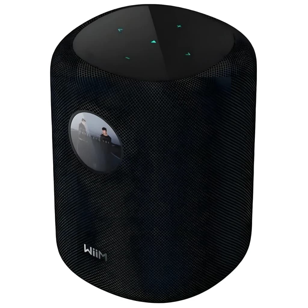 Wiim Sound negro, vista frontal en ángulo: rejilla textil, pantalla circular con portada y botones táctiles con LEDs en la