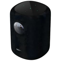 Wiim Sound negro, vista frontal en ángulo: rejilla textil, pantalla circular con portada y botones táctiles con LEDs en la