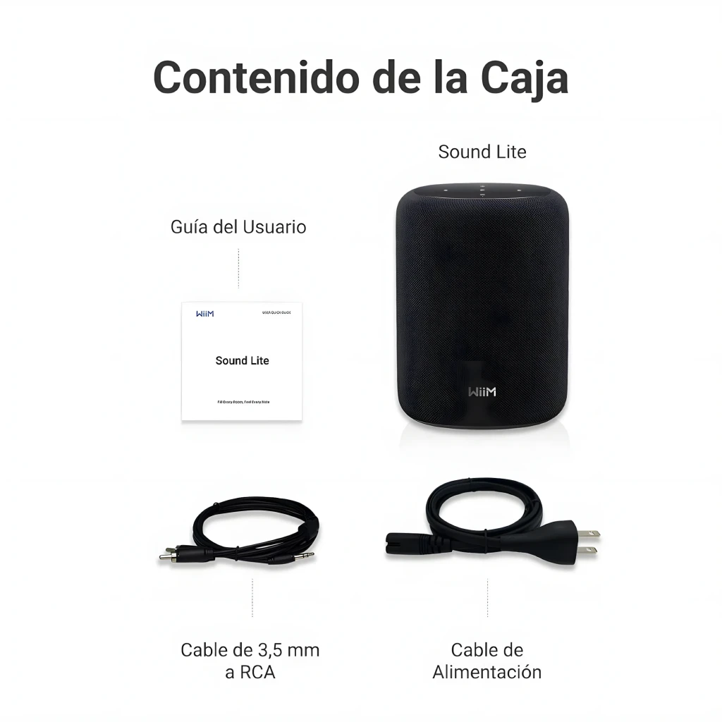 Wiim Sound noir, vue de face: enceinte cylindrique avec affichage horloge analogique et télécommande blanche incluse - Ítem9