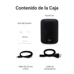 Wiim Sound negro, contenido de caja: altavoz, guía de usuario, cable 3,5mm a RCA y cable de alimentación