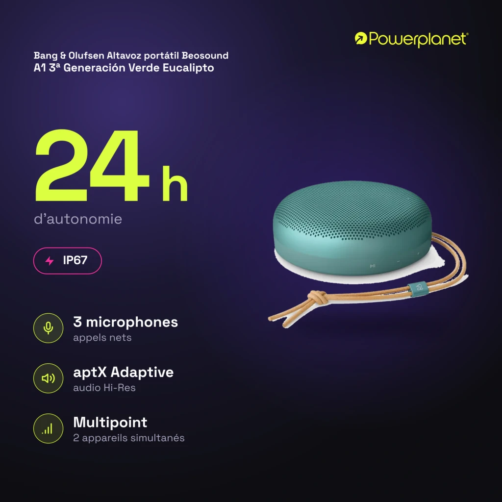 Bang & Olufsen Beosound A1 3ª Gen verde eucalipto, vista en ángulo: rejilla perforada superior, botones laterales y cordón - Ítem8