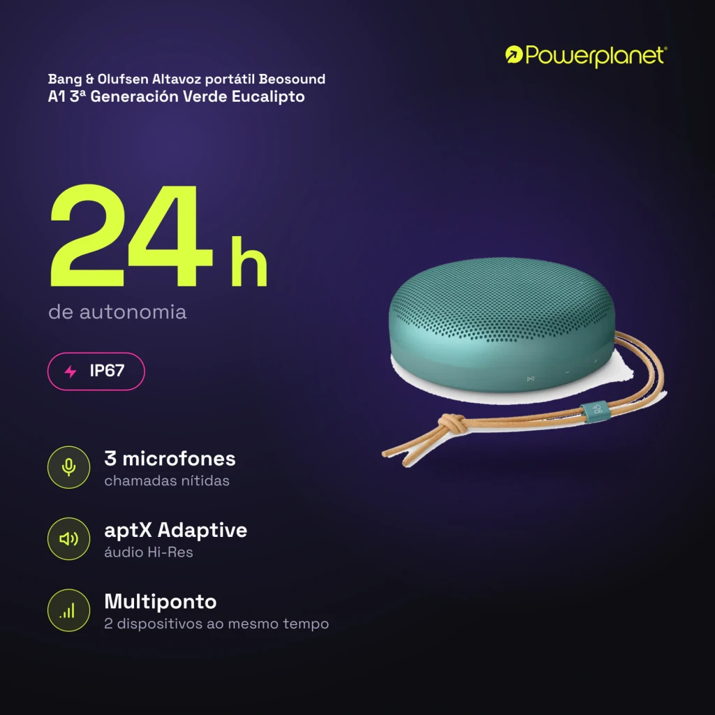 Bang & Olufsen Beosound A1 3ª Gen verde eucalipto, vista en ángulo: rejilla perforada superior, botones laterales y cordón - Ítem7