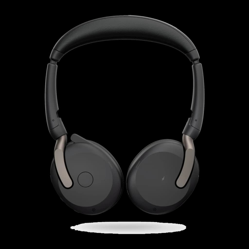 Jabra Evolve2 65 Flex UC Stereo noir, vue de face: casque plié avec bras latéraux visibles