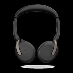 Jabra Evolve2 65 Flex UC Stereo noir, vue de face: casque plié avec bras latéraux visibles