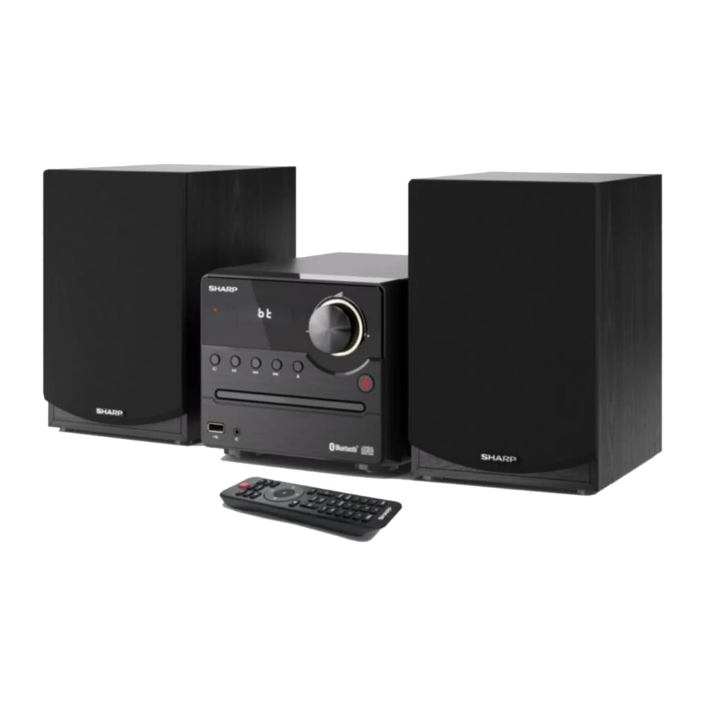 Sharp Microcadena XL-B512 45W negro, vista frontal: unidad central con display BT, mando giratorio y dos altavoces - Ítem3