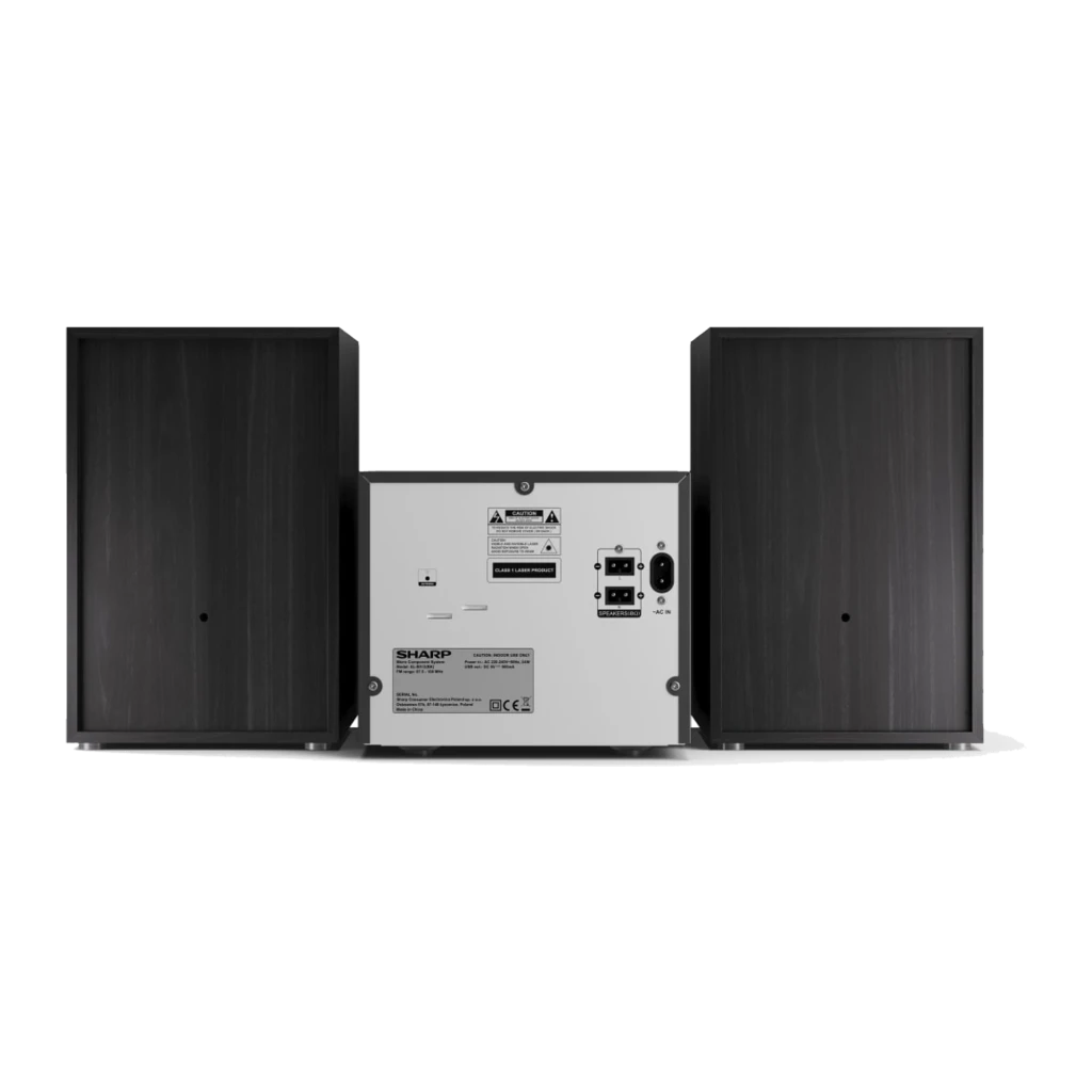 Sharp Microcadena XL-B512 45W negro, vista frontal: unidad central con display BT, mando giratorio y dos altavoces - Ítem1