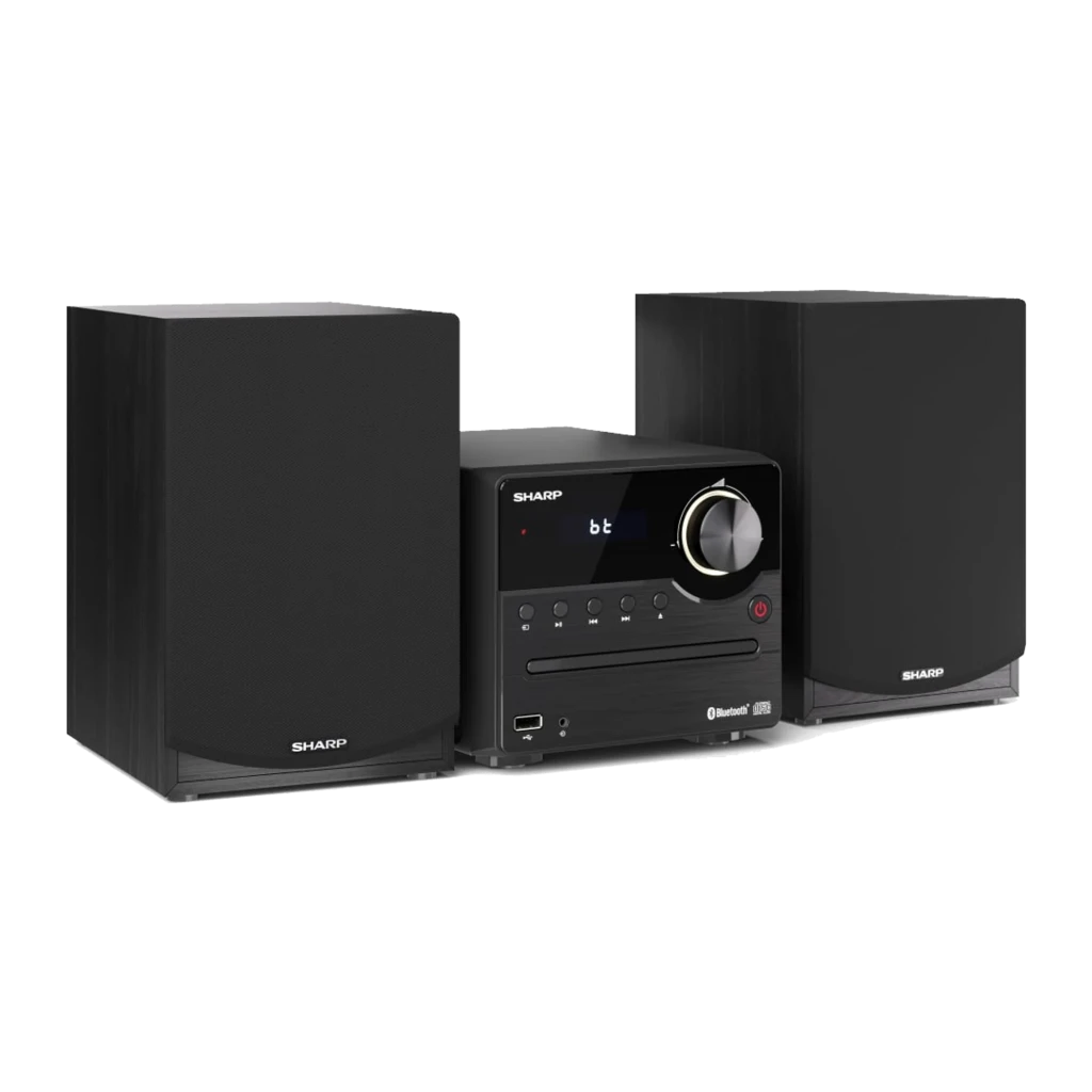 Sharp Microcadena XL-B512 45W negro, vista frontal: unidad central con display BT, mando giratorio y dos altavoces - Ítem2
