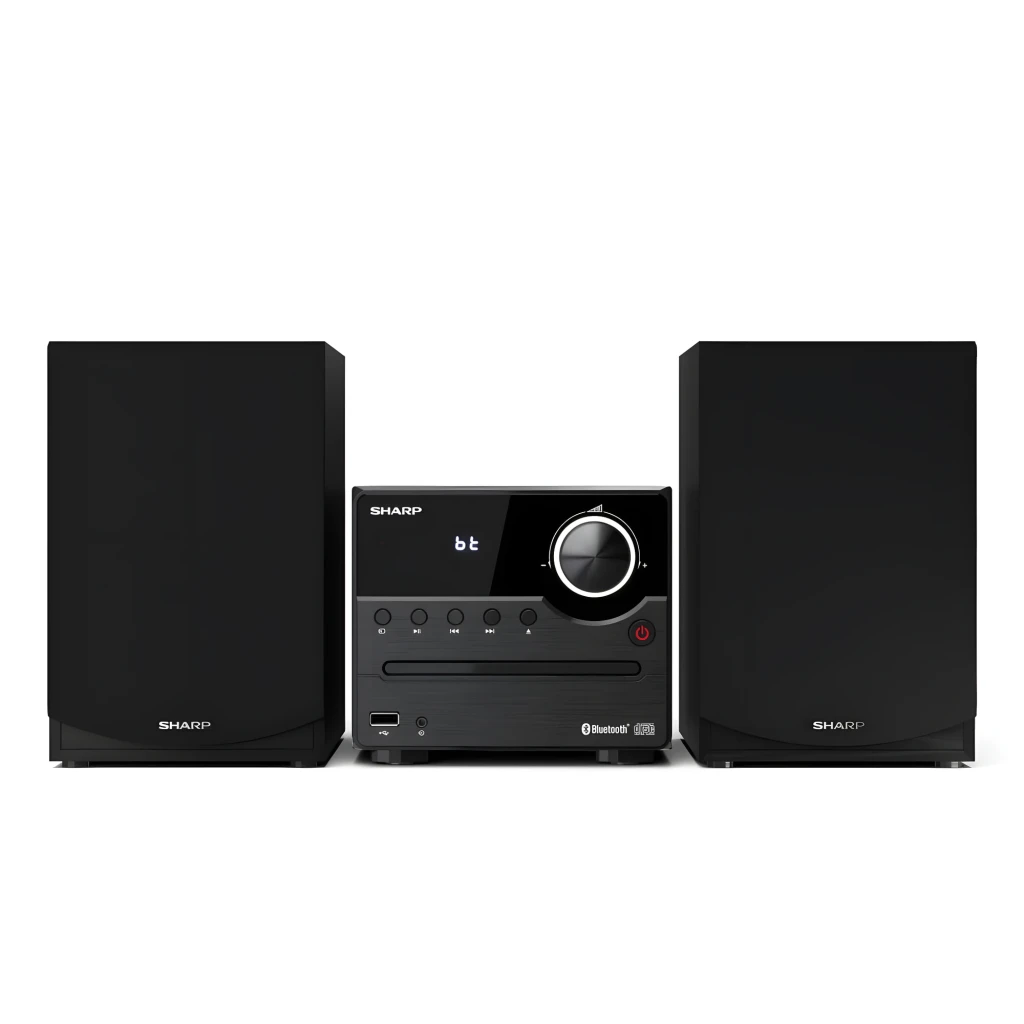Sharp Microcadena XL-B512 45W negro, vista frontal: unidad central con display BT, mando giratorio y dos altavoces - Ítem5