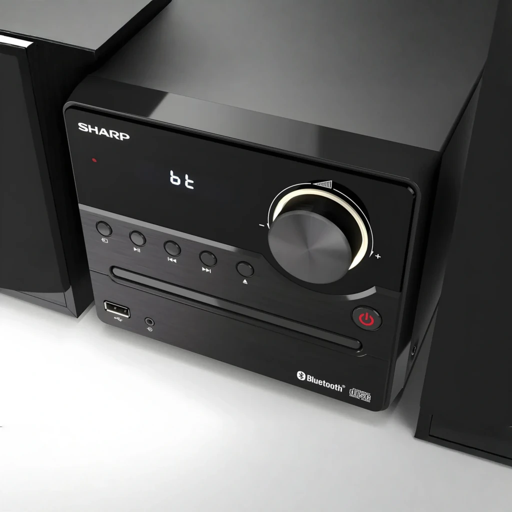 Sharp Microcadena XL-B512 45W negro, vista frontal: unidad central con display BT, mando giratorio y dos altavoces - Ítem4