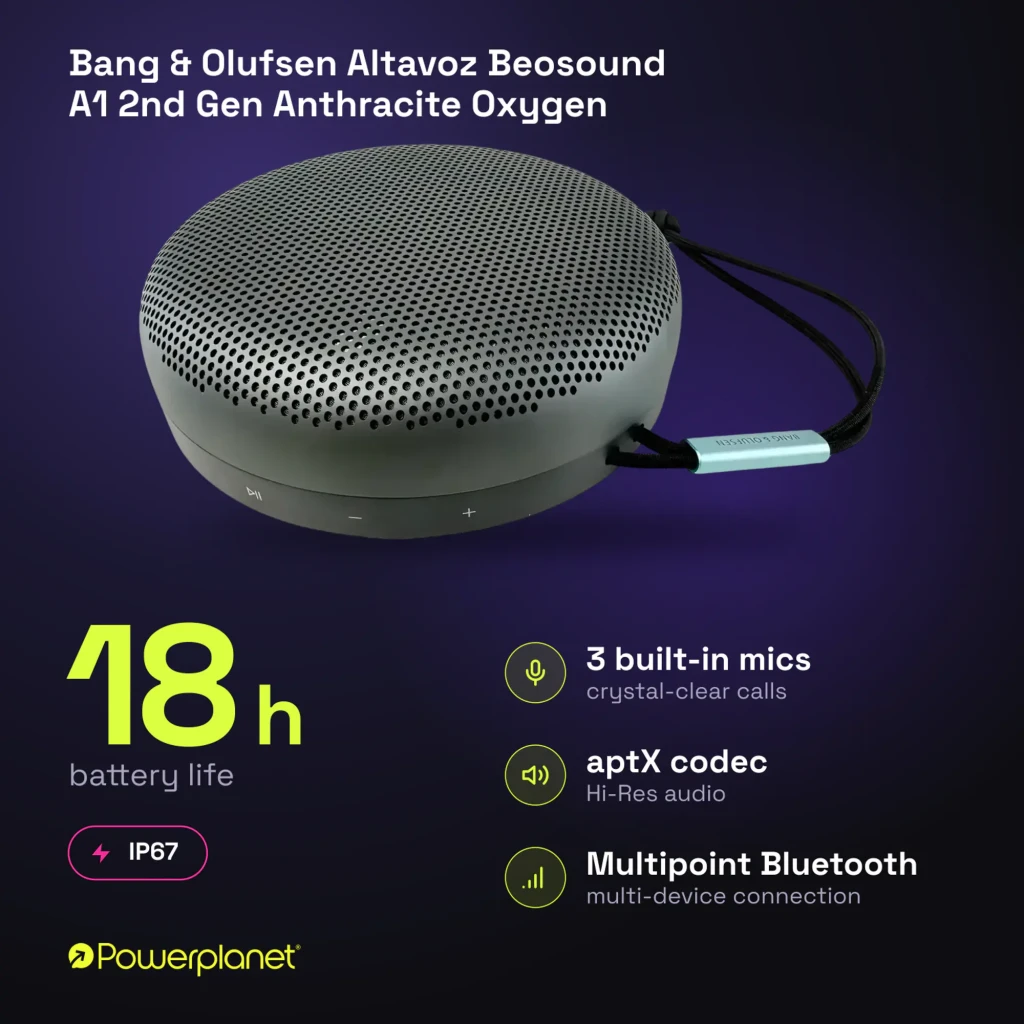 Bang & Olufsen Beosound A1 2nd Gen Anthracite Oxygen, vista frontal en ángulo: rejilla perforada, botones y cordón con clip - Ítem8