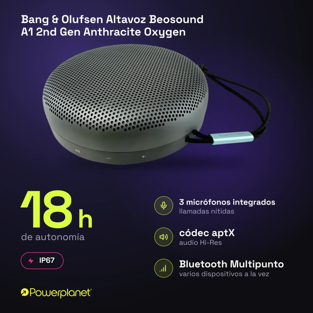 Bang & Olufsen Beosound A1 2nd Gen Anthracite Oxygen, vista frontal en ángulo: rejilla perforada, botones y cordón con clip - Ítem5