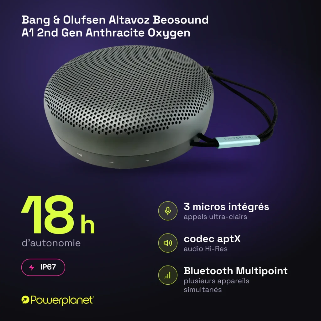 Bang & Olufsen Beosound A1 2nd Gen Anthracite Oxygen, vista frontal en ángulo: rejilla perforada, botones y cordón con clip - Ítem7