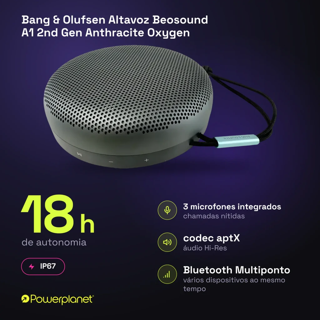 Bang & Olufsen Beosound A1 2nd Gen Anthracite Oxygen, vista frontal en ángulo: rejilla perforada, botones y cordón con clip - Ítem6