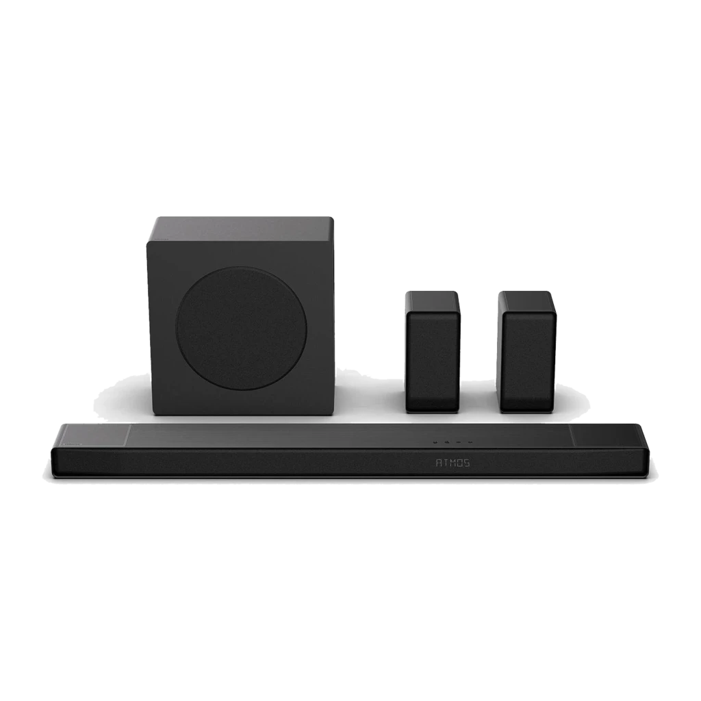 Hisense Barre de son AX5100Q 5.1 580W Noir, vue ensemble: barre logo Atmos, caisson de basses et deux satellites - Ítem1