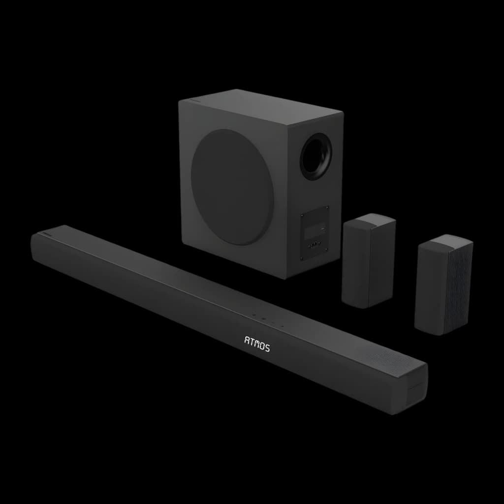Hisense Barre de son AX5100Q 5.1 580W Noir, vue ensemble: barre logo Atmos, caisson de basses et deux satellites