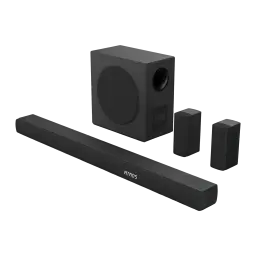 Hisense Barre de son AX5100Q 5.1 580W Noir, vue ensemble: barre logo Atmos, caisson de basses et deux satellites