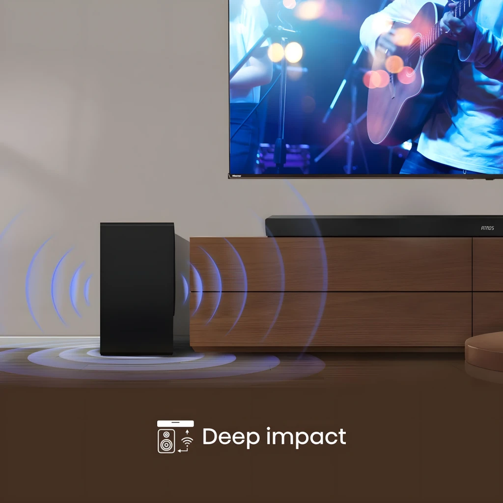 Hisense Barre de son AX5100Q 5.1 580W Noir, vue ensemble: barre logo Atmos, caisson de basses et deux satellites - Ítem10