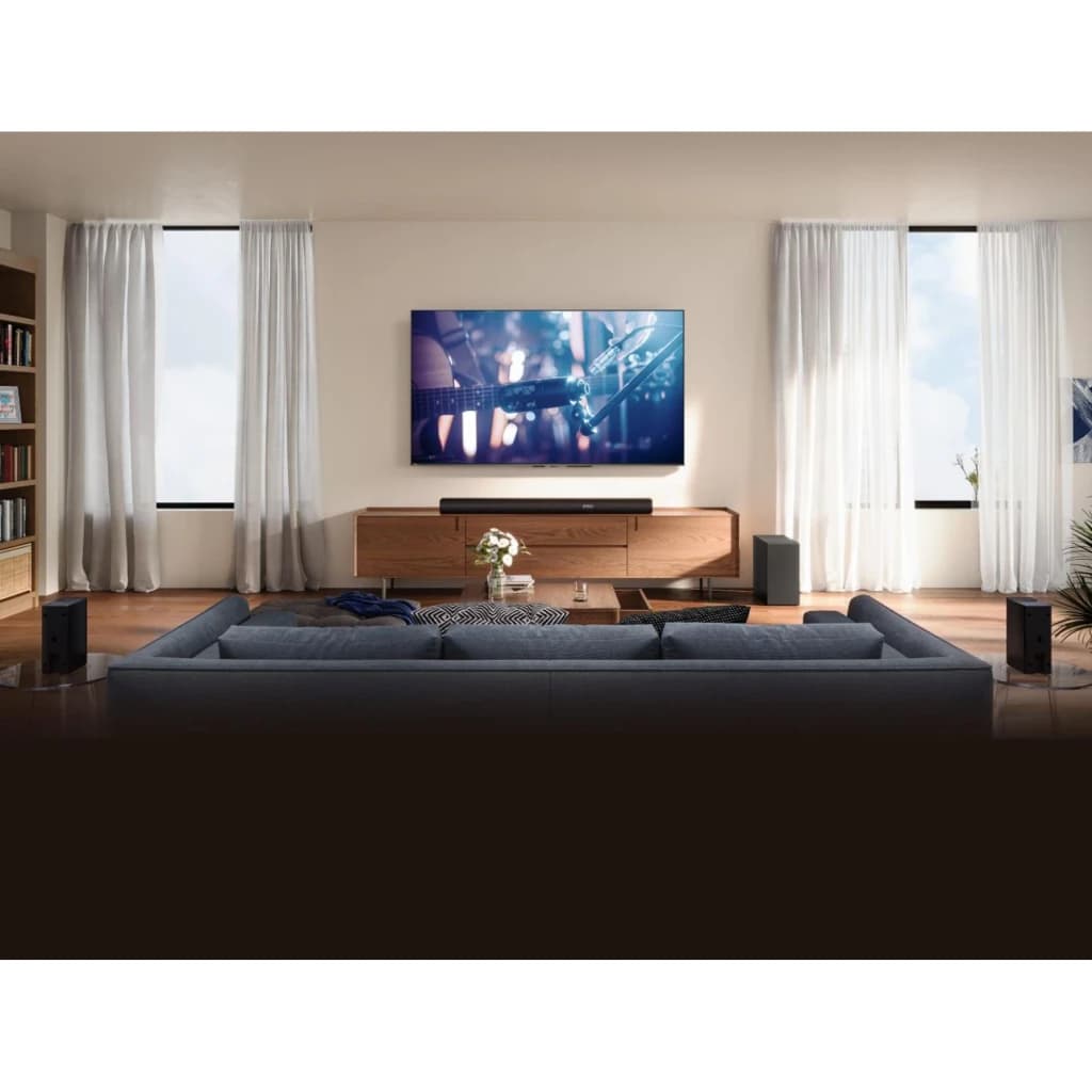 Hisense Barre de son AX5100Q 5.1 580W Noir, ambiance salon: barre sous TV, caisson de basse et enceintes arrière dans salon