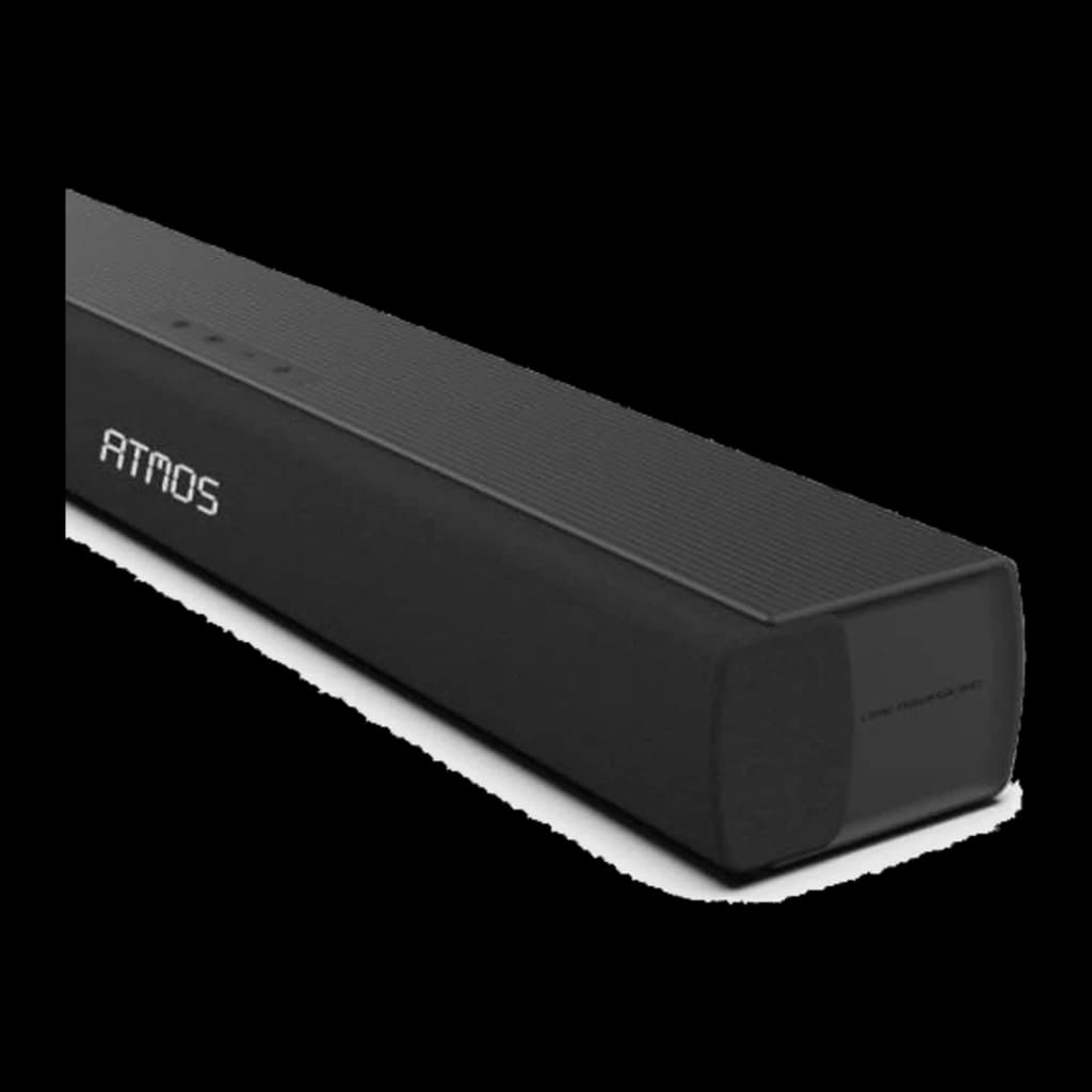 Hisense Barre de son AX5100Q 5.1 580W noir, vue avant en angle: logo ATMOS à l'écran et surface supérieure nervurée