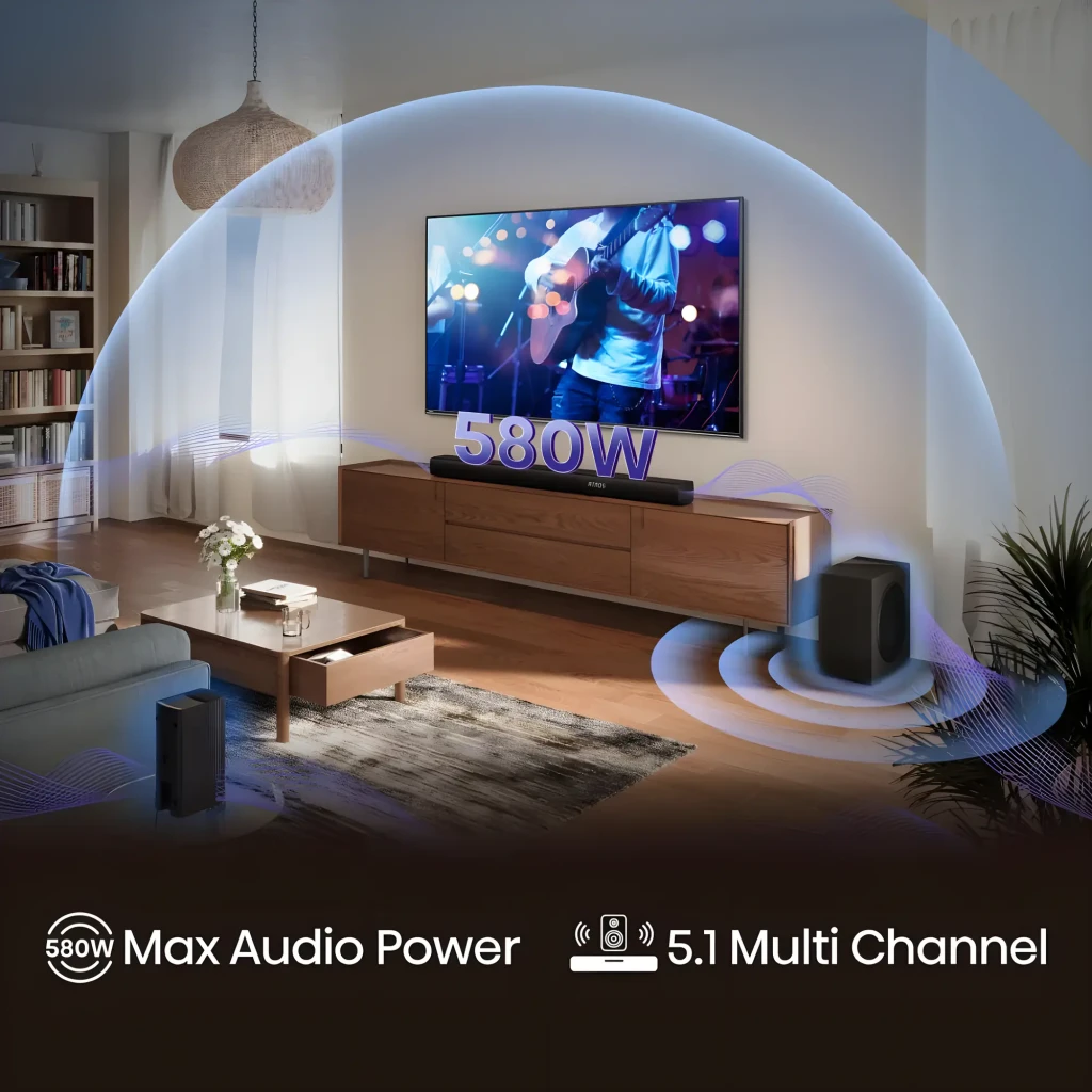 Hisense Barre de son AX5100Q 5.1 580W Noir, vue ensemble: barre logo Atmos, caisson de basses et deux satellites - Ítem4