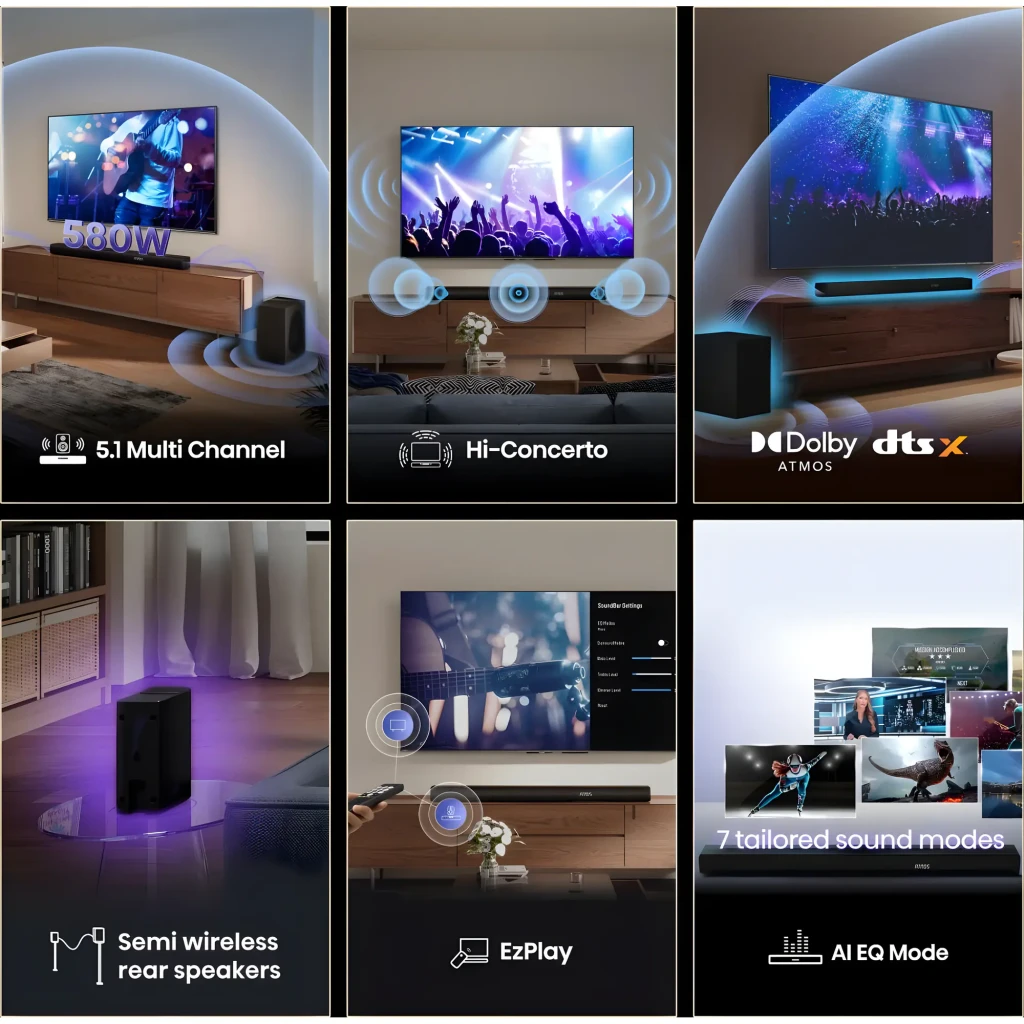 Hisense Barre de son AX5100Q 5.1 580W Noir, vue ensemble: barre logo Atmos, caisson de basses et deux satellites - Ítem5