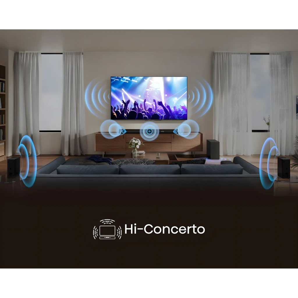 Hisense Barre de son AX5100Q 5.1 580W Noir, vue ensemble: barre logo Atmos, caisson de basses et deux satellites - Ítem6