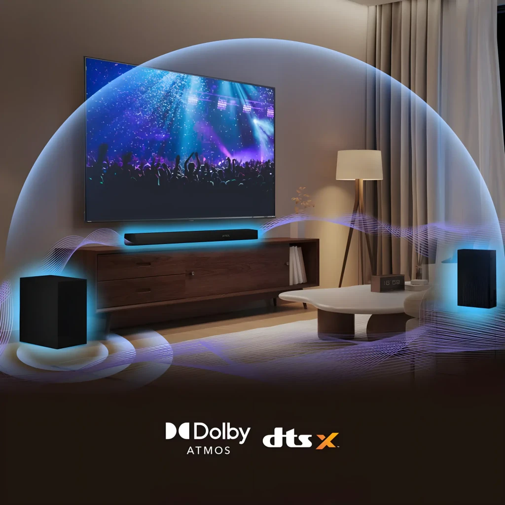 Hisense Barre de son AX5100Q 5.1 580W Noir, vue ensemble: barre logo Atmos, caisson de basses et deux satellites - Ítem7