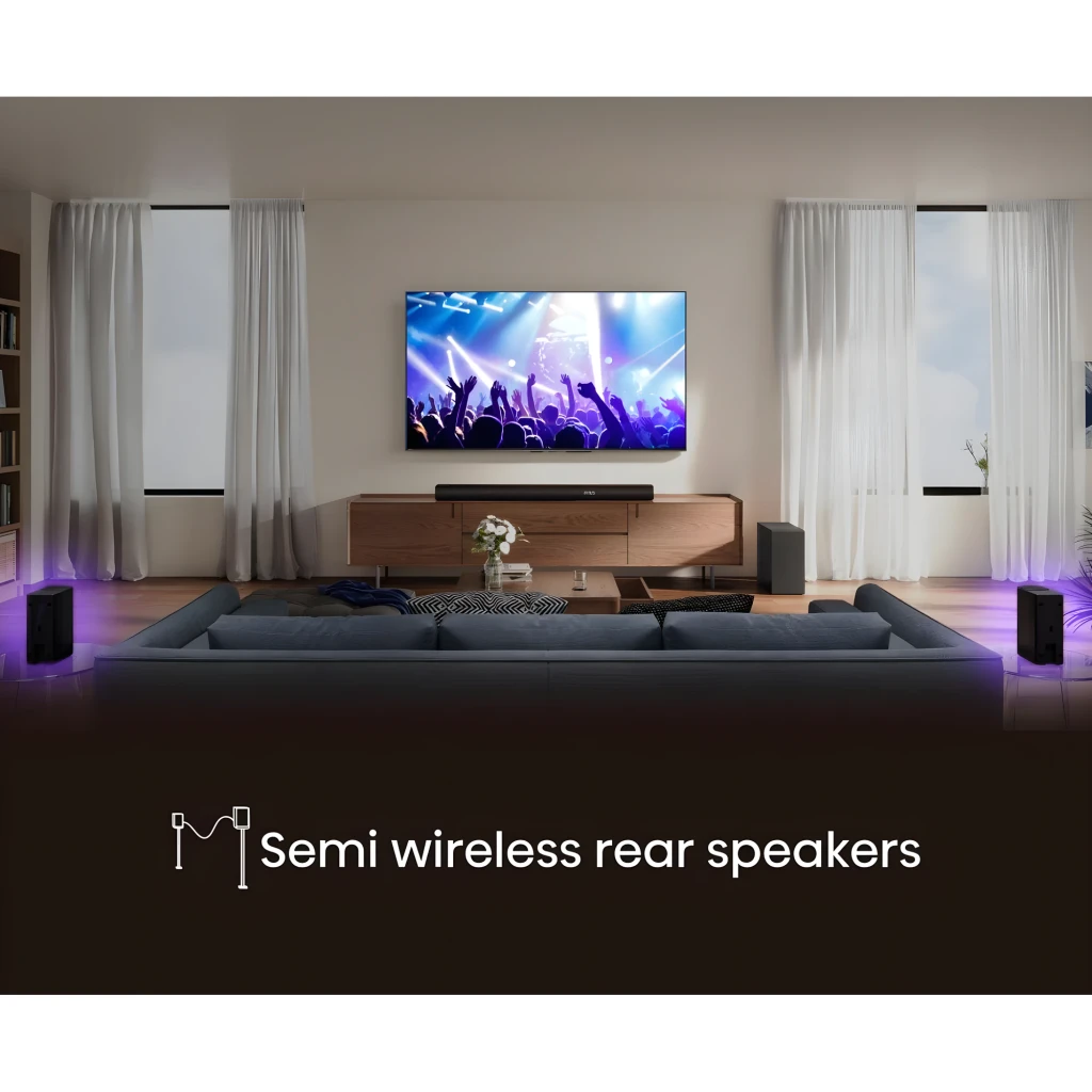 Hisense Barre de son AX5100Q 5.1 580W Noir, vue ensemble: barre logo Atmos, caisson de basses et deux satellites - Ítem8