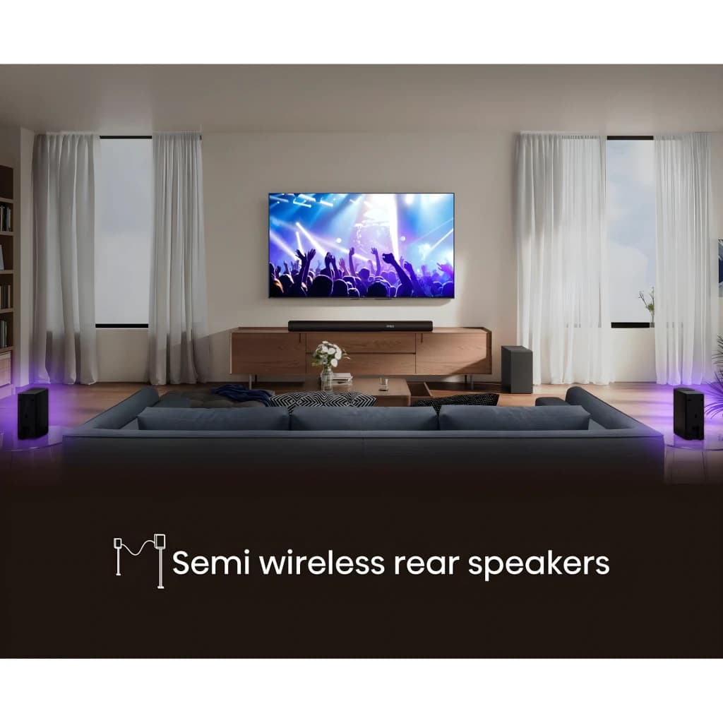 Hisense Barre de son AX5100Q 5.1 580W noir, scène salon: barre, caisson et enceintes arrière semi-sans fil avec éclairage