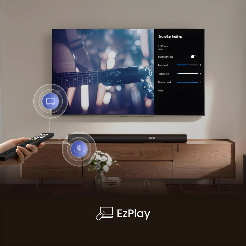 Hisense Barre de son AX5100Q 5.1 580W Noir, vue ensemble: barre logo Atmos, caisson de basses et deux satellites - Ítem9