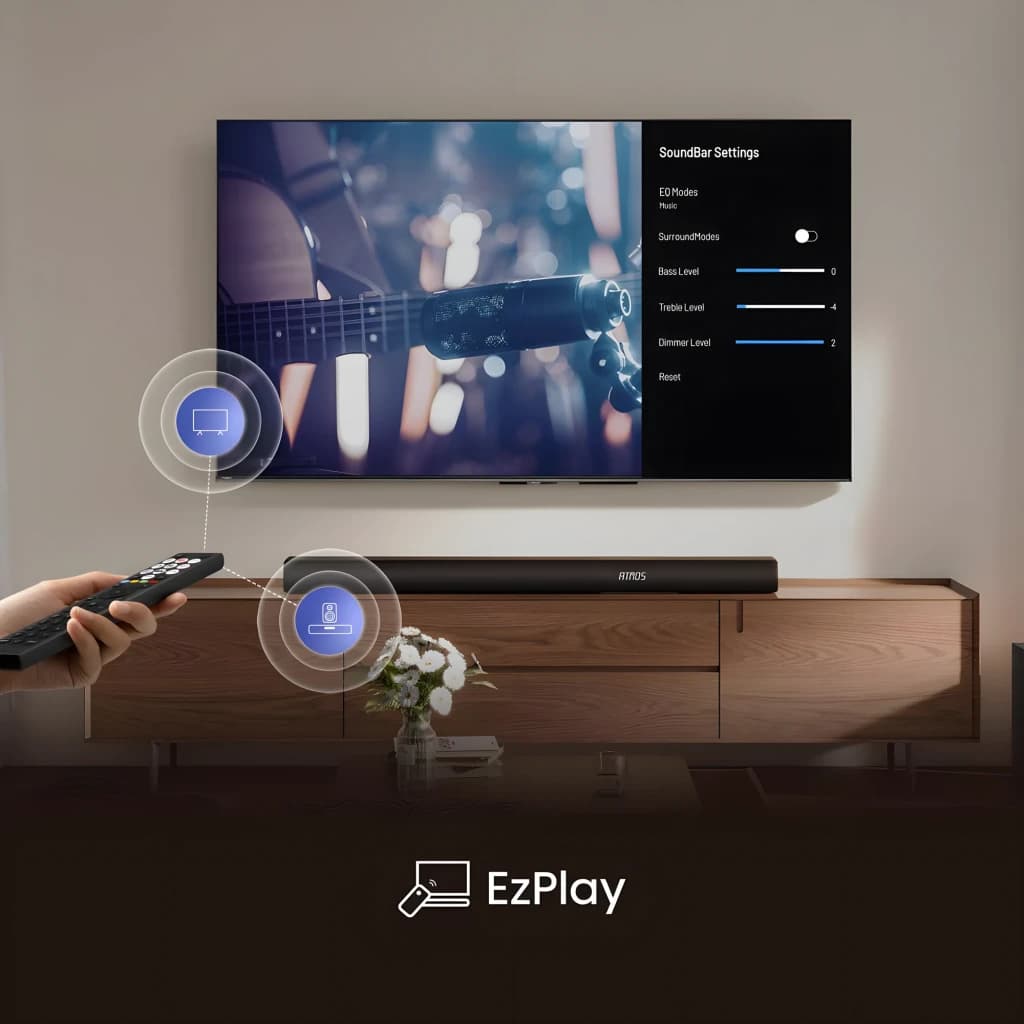Hisense Barre de son AX5100Q 5.1 580W Noir, lifestyle: fonction EzPlay avec télécommande pointée vers la barre et TV réglages