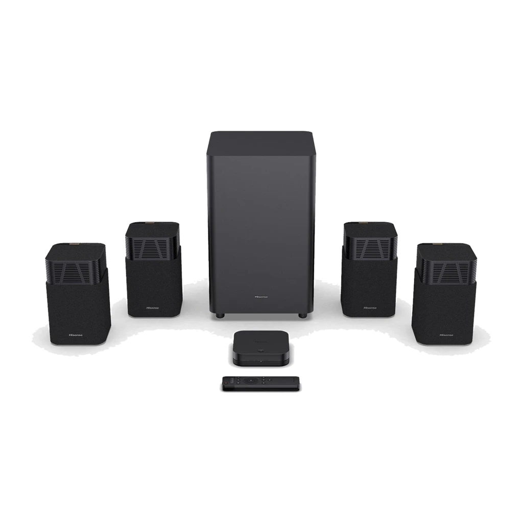 Hisense Barre de son AX5140Q Noir, vue ensemble: barre frontale logo ATMOS, caisson de basses et deux enceintes arrière - Ítem2