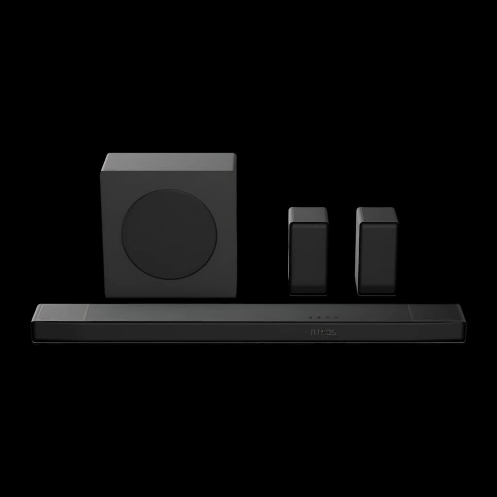 Hisense Barre de son AX5140Q Noir, vue ensemble: barre frontale logo ATMOS, caisson de basses et deux enceintes arrière