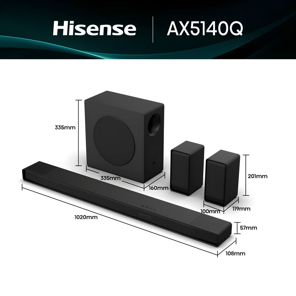 Hisense Barre de son AX5140Q Noir, vue ensemble: barre frontale logo ATMOS, caisson de basses et deux enceintes arrière - Ítem3