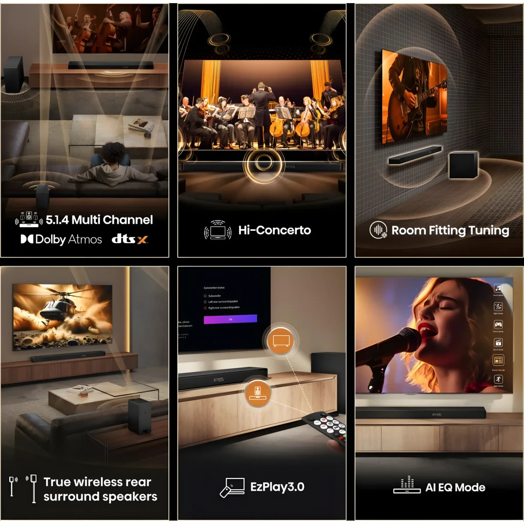 Hisense Barre de son AX5140Q Noir, vue ensemble: barre frontale logo ATMOS, caisson de basses et deux enceintes arrière - Ítem5