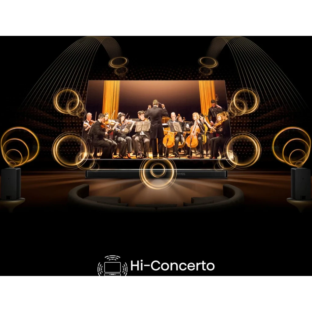 Hisense Barre de son AX5140Q Noir, vue ensemble: barre frontale logo ATMOS, caisson de basses et deux enceintes arrière - Ítem6