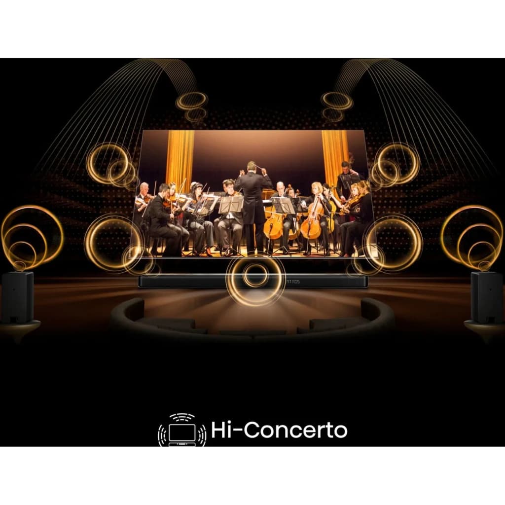Hisense Barre de son AX5140Q noir, vue conceptuelle: système Hi-Concerto avec ondes sonores surround et orchestre à l'écran