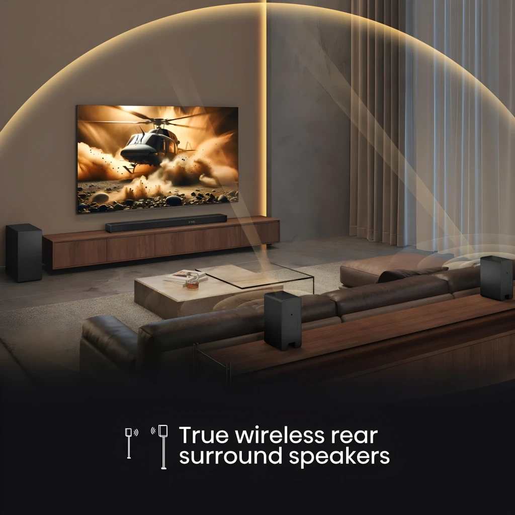 Hisense Barre de son AX5140Q Noir, vue ensemble: barre frontale logo ATMOS, caisson de basses et deux enceintes arrière - Ítem8